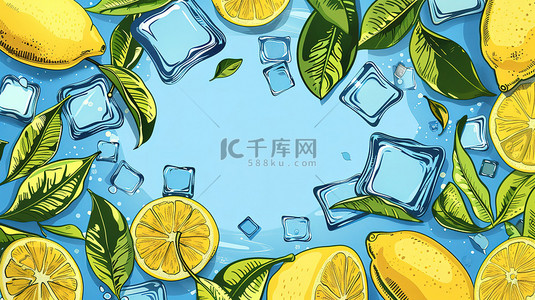 夏天素材边框背景图片_柠檬冰块绿叶边框背景素材