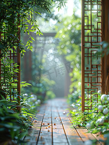 中式庭院木雕门框高清摄影图