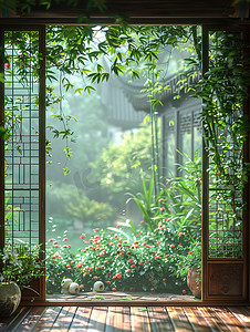 中式宽阔摄影照片_中式庭院木雕门框摄影图