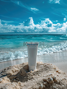 夏天背景图片_沙滩上的美容防晒用品设计图