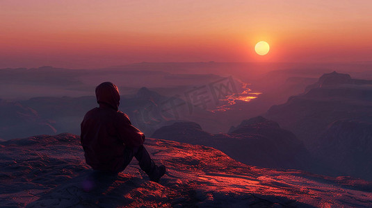 人坐山峰夕阳立体描绘摄影照片