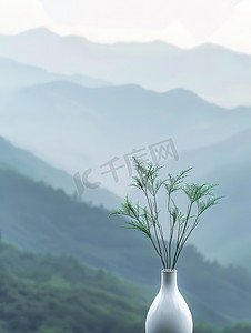 小花瓶摄影照片_白色花瓶小竹叶插花高清摄影图