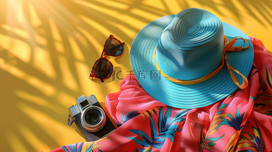 背景素材夏季背景图片_色彩丰富的夏季草帽墨镜相机背景素材
