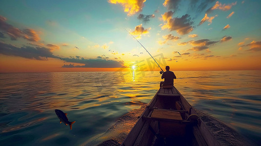 海上钓鱼落日立体描绘摄影照片