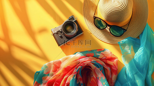 草帽灯珠背景图片_色彩丰富的夏季草帽墨镜相机图片