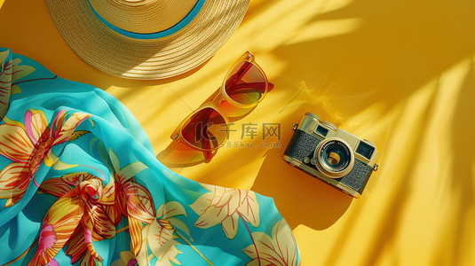 色彩丰富的夏季草帽墨镜相机背景图