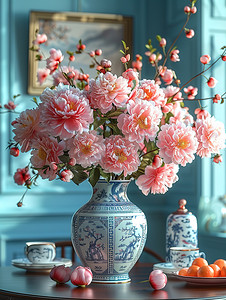 青花50汾酒摄影照片_青花瓷花瓶粉红色牡丹图片