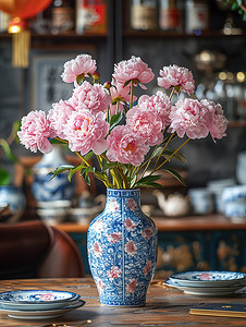 青花瓷瓶摄影照片_青花瓷花瓶粉红色牡丹高清图片