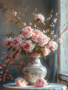 青花瓷花瓶粉红色牡丹摄影照片