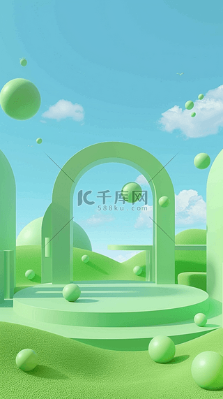 绿色夏天户外可爱卡通3D拱形展台背景图