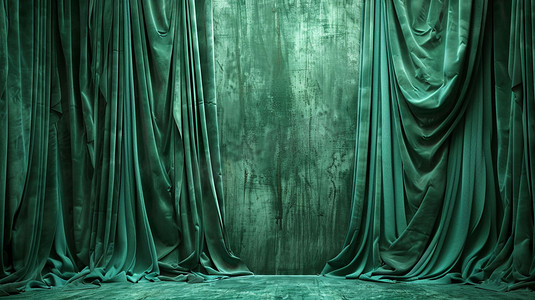 绿色窗帘立体描绘摄影照片