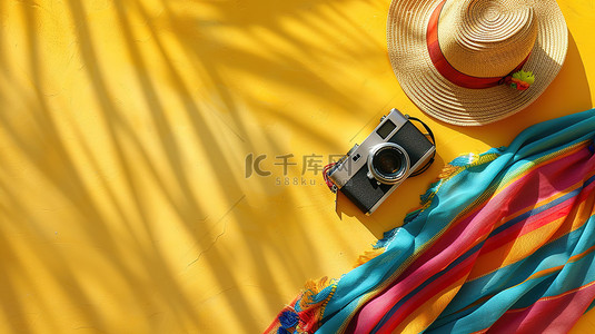草帽灯珠背景图片_色彩丰富的夏季草帽墨镜相机背景素材