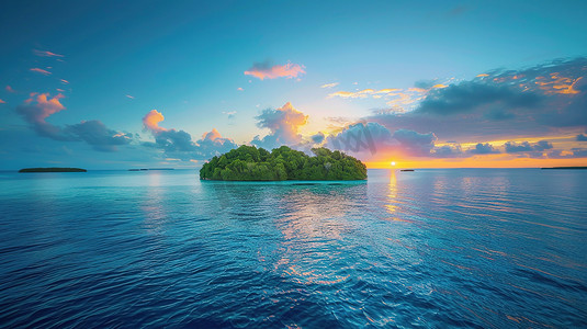 蓝色海水摄影照片_黄昏时刻远眺海岛图片