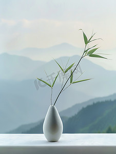 白色花瓶小竹叶插花图片