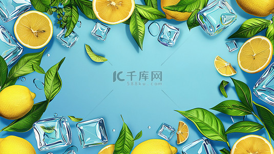 夏天素材边框背景图片_柠檬冰块绿叶边框背景素材