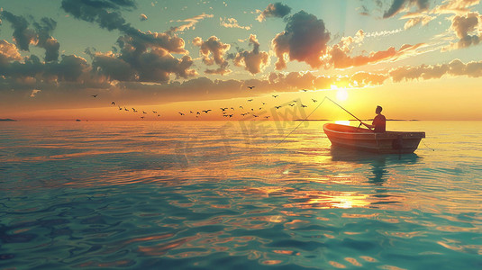 海上钓鱼落日立体描绘摄影照片
