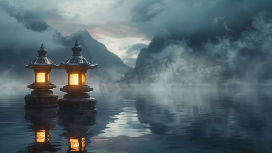 湖中石柱灯立体描绘摄影照片