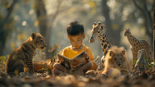 小孩读书立体描绘摄影照片