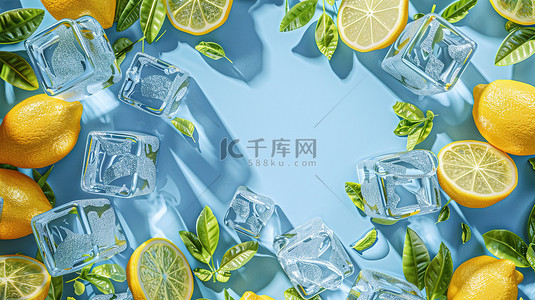 柠檬冰块绿叶边框背景图