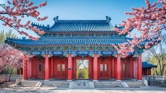 福建樱花摄影照片_桃花樱花古代建筑立体描绘摄影照片