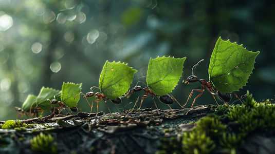 立体红金摄影照片_树叶蚂蚁立体描绘摄影照片