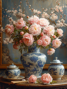青花瓷花瓶粉红色牡丹高清摄影图