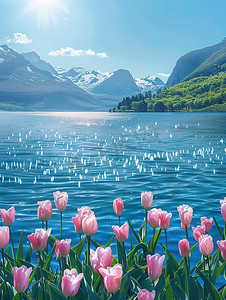 青山环绕的湖泊郁金香花开摄影照片