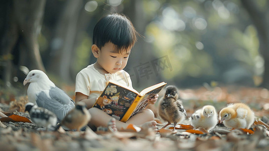 小孩读书立体描绘摄影照片