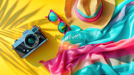 草帽灯珠背景图片_色彩丰富的夏季草帽墨镜相机设计图