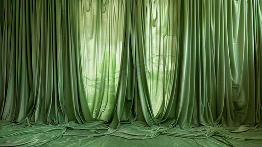 绿色窗帘摄影照片_绿色幕布窗帘立体描绘摄影照片