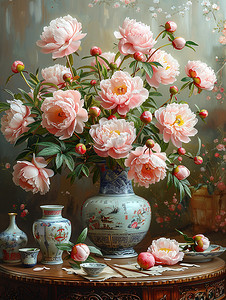 青花瓷花瓶粉红色牡丹图片
