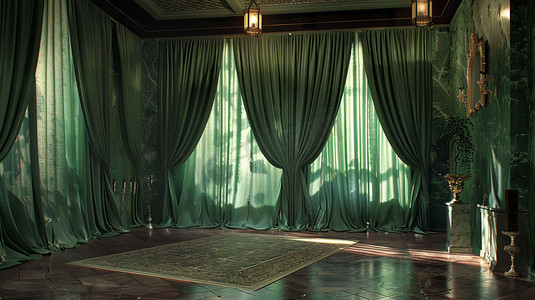 绿色幕布窗帘立体描绘摄影照片