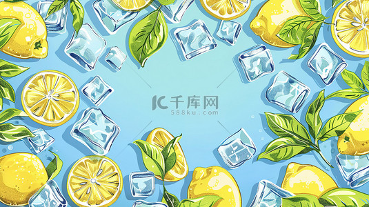 夏天素材边框背景图片_柠檬冰块绿叶边框素材