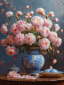 青花瓷花瓶粉红色牡丹摄影图