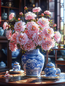 青花50汾酒摄影照片_青花瓷花瓶粉红色牡丹高清图片