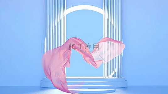 飘带清新背景图片_蓝色背景里的粉色飘带3D展台