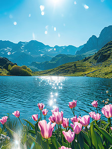 青山环绕的湖泊郁金香花开摄影图