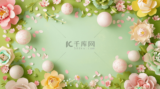 粉色绿色春天背景图片_剪纸花朵清新暖春绿色边框素材