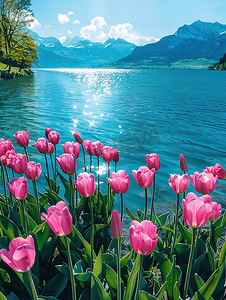 青山环绕的湖泊郁金香花开摄影照片