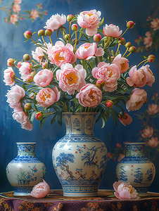 青花瓷花瓶粉红色牡丹摄影照片