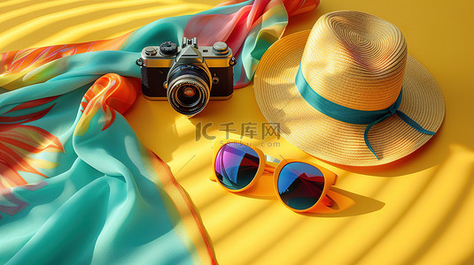 墨镜带星背景图片_色彩丰富的夏季草帽墨镜相机图片
