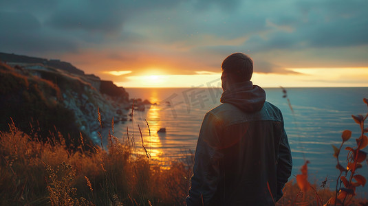 黄昏背影摄影照片_站着海岸边欣赏夕阳的男生背影图片