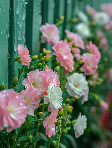 动态图高清大图摄影照片_栅栏美丽的花朵雨水高清摄影图