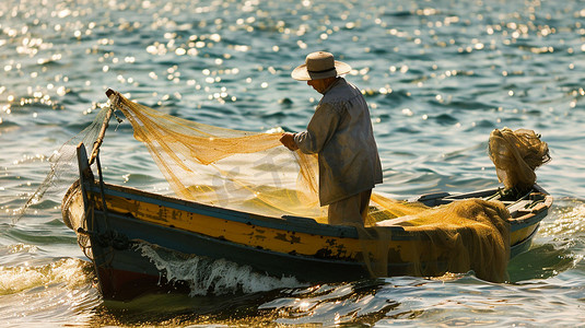 小船渔民立体描绘摄影照片