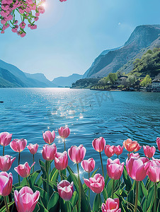 青山环绕的湖泊郁金香花开高清图片
