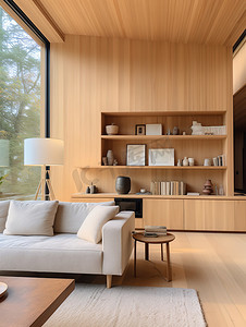 现代客厅原木风格高清摄影图