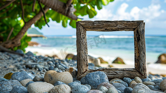 海边石框木框立体描绘摄影照片