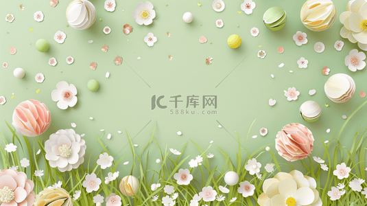 剪纸花朵清新暖春绿色边框设计图