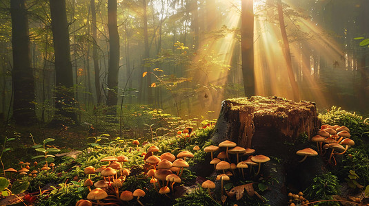 树林木桩立体描绘摄影照片