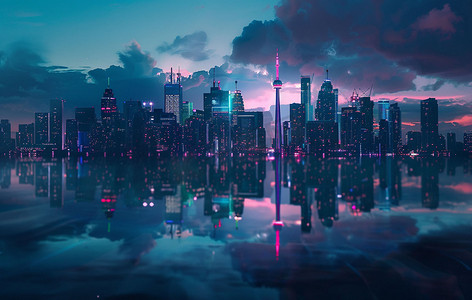 夜景城市立体描绘摄影照片